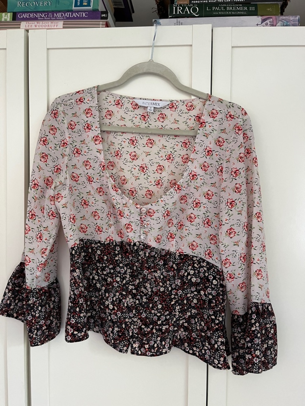 INTERMIX Floral Mixed-Print V-Neck Blouse in Pink and Black